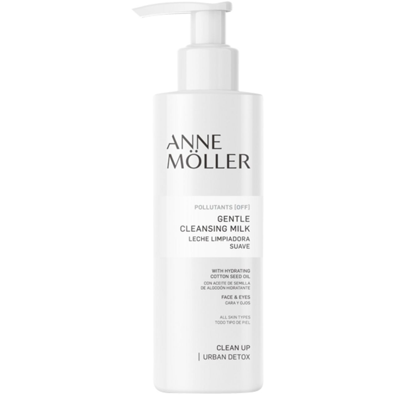 Weiße Flasche mit Pumpverschluss. Schriftzug: Anne Möller, Gentle Cleansing Milk. Text in Englisch und Spanisch.