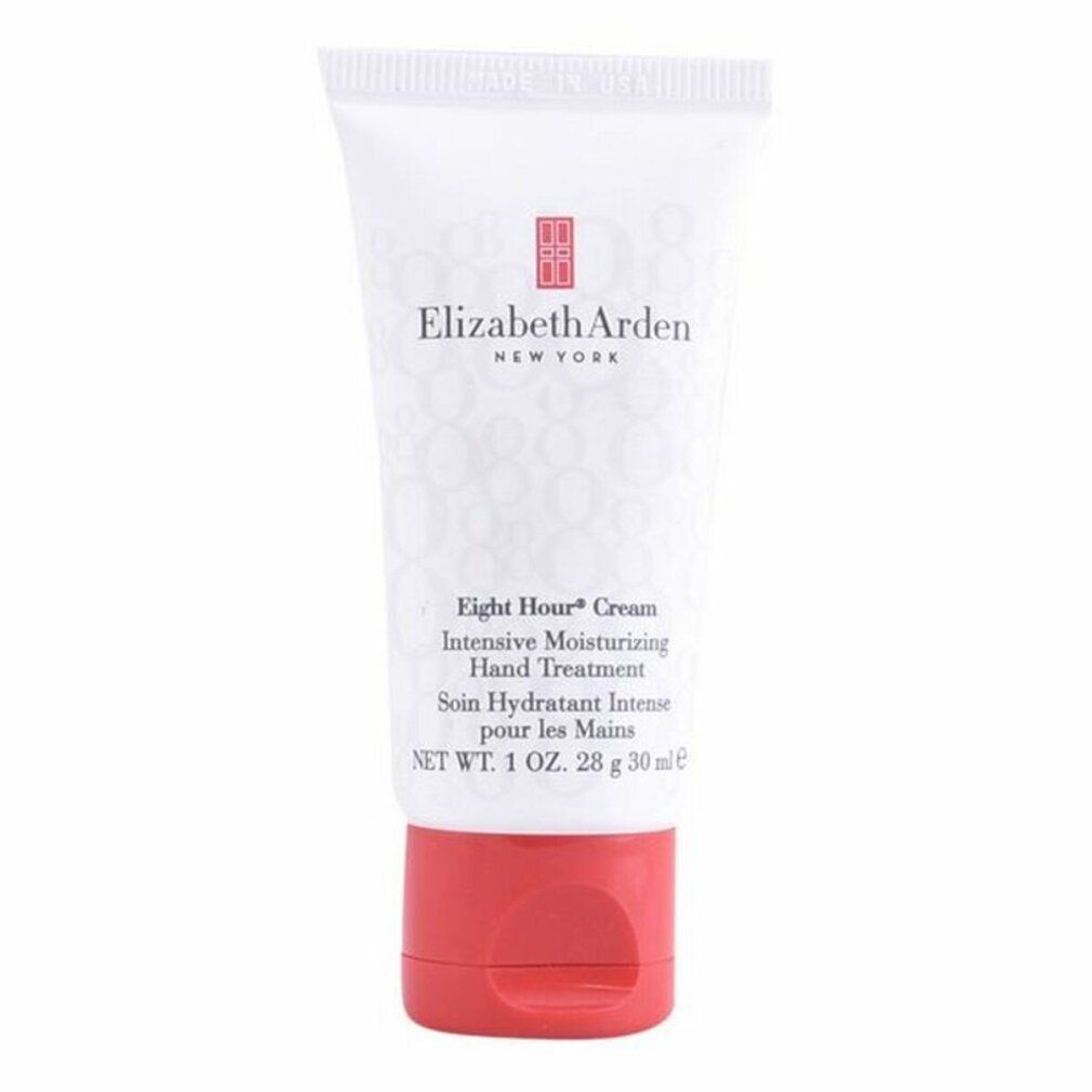 Weiße Tube mit rotem Deckel. Elizabeth Arden Acht-Stunden-Intensiv-fr hnde. Text: Eight Hour Cream, Intensive Moisturizing Hand Treatment.
