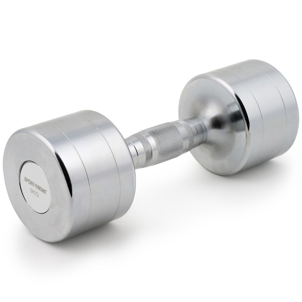 Chrom-Kompakthantel. Silberfarben. Zylindrische Gewichte mit gerändeltem Griff. Gewichtsanzeige: 5 kg.
