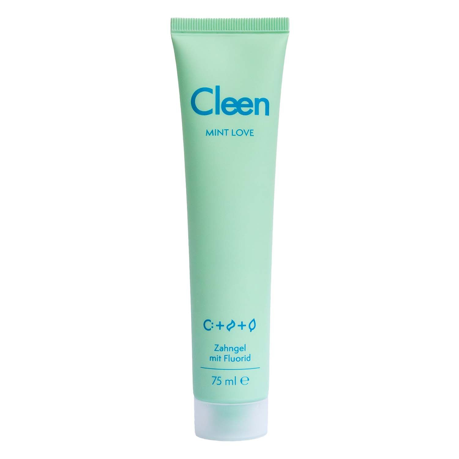 Grüne Tube Zahngel. Text: Cleen Mint Love, C+0+0, Zahngel mit Fluorid, 75 ml.