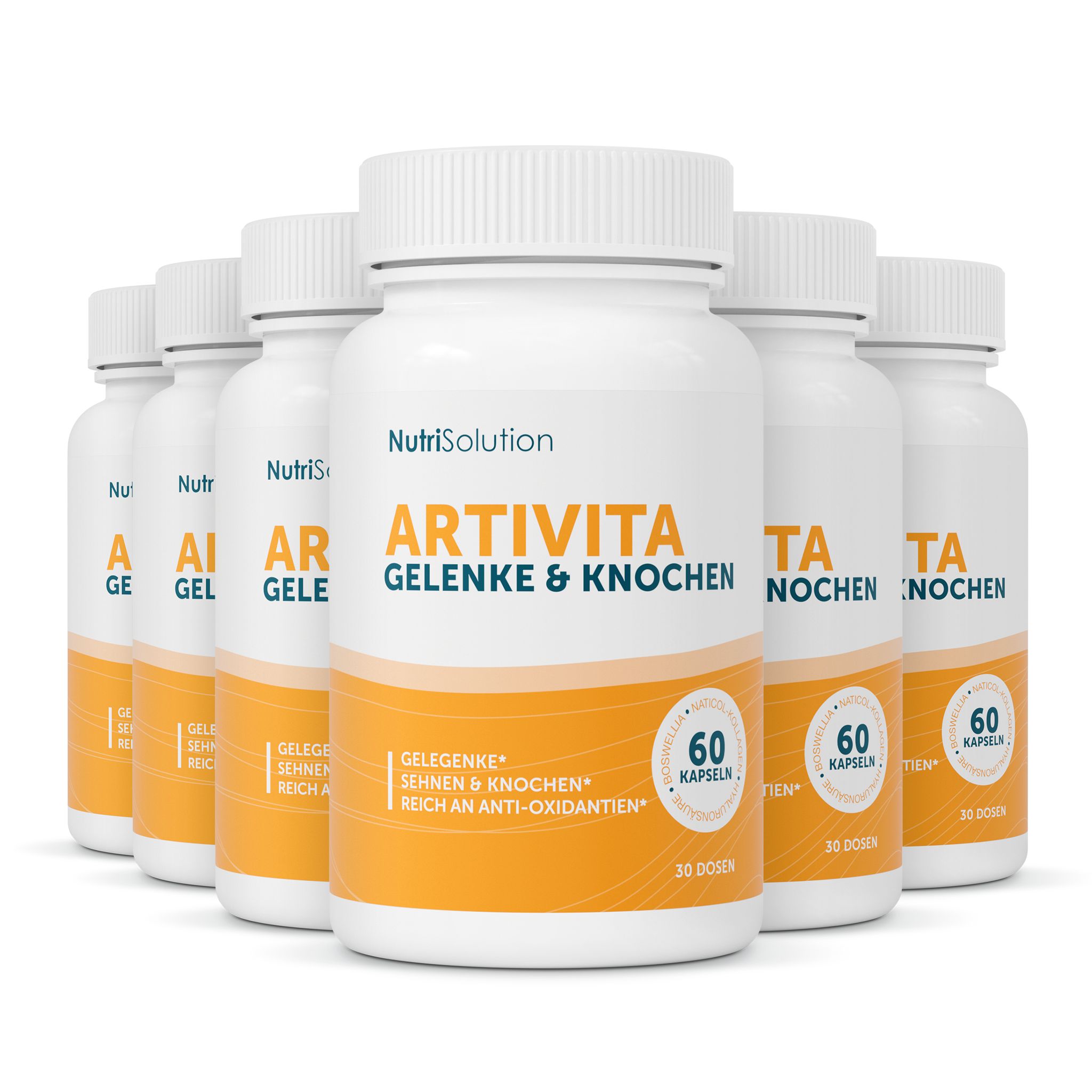 Sechs Flaschen NutriSolution Artivita Gelenke & Knochen, 60 Kapseln pro Flasche.