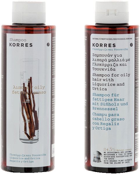 Zwei Shampoo-Flaschen nebeneinander. Braune Flaschen mit weißen Deckeln. Etiketten mit Produktnamen, Marke KORRES und Lakritz-Abbildung.