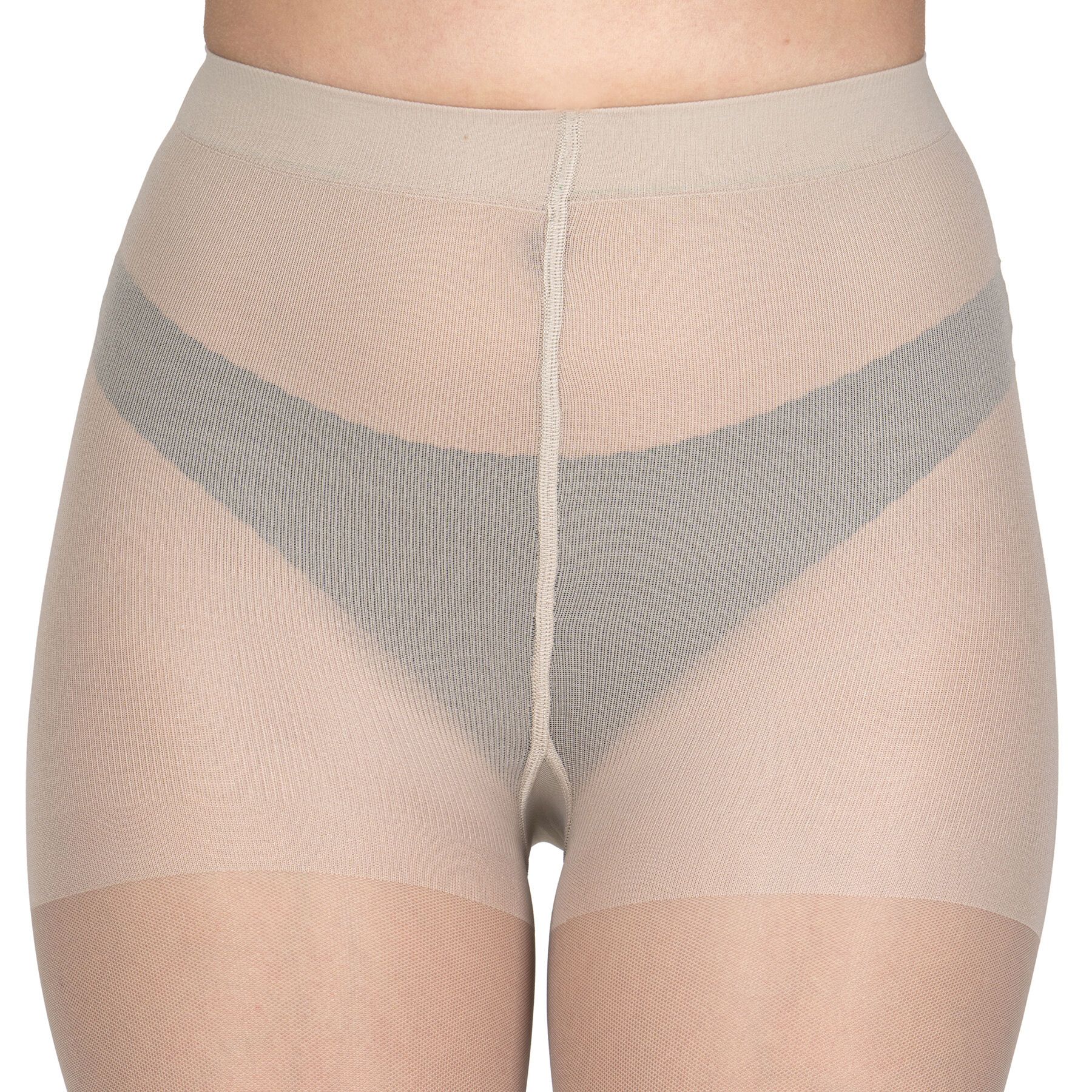 Hautfarbene Strumpfhose, vorne. Naht in der Mitte. Unterwäsche sichtbar.