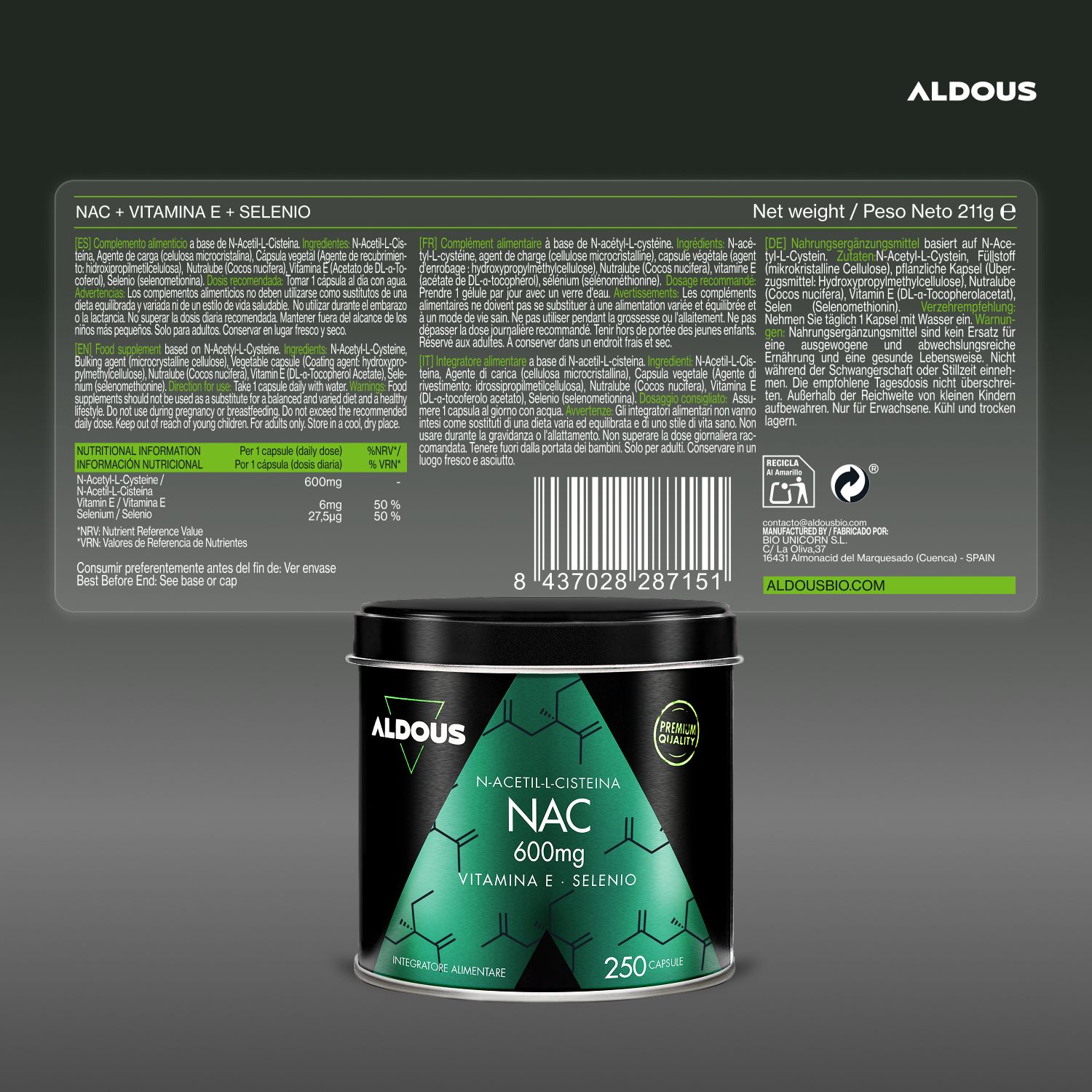Aldous NAC Dose und Rückseite der Verpackung mit Nährwertangaben und Barcode. Netto Gewicht 211g.