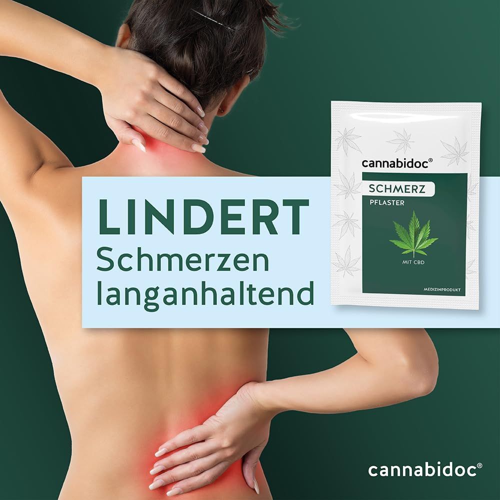 Person mit Schmerzen am Rücken und Nacken. Packung mit Cannabidoc Schmerzpflaster. Text: Lindert Schmerzen, langanhaltend.