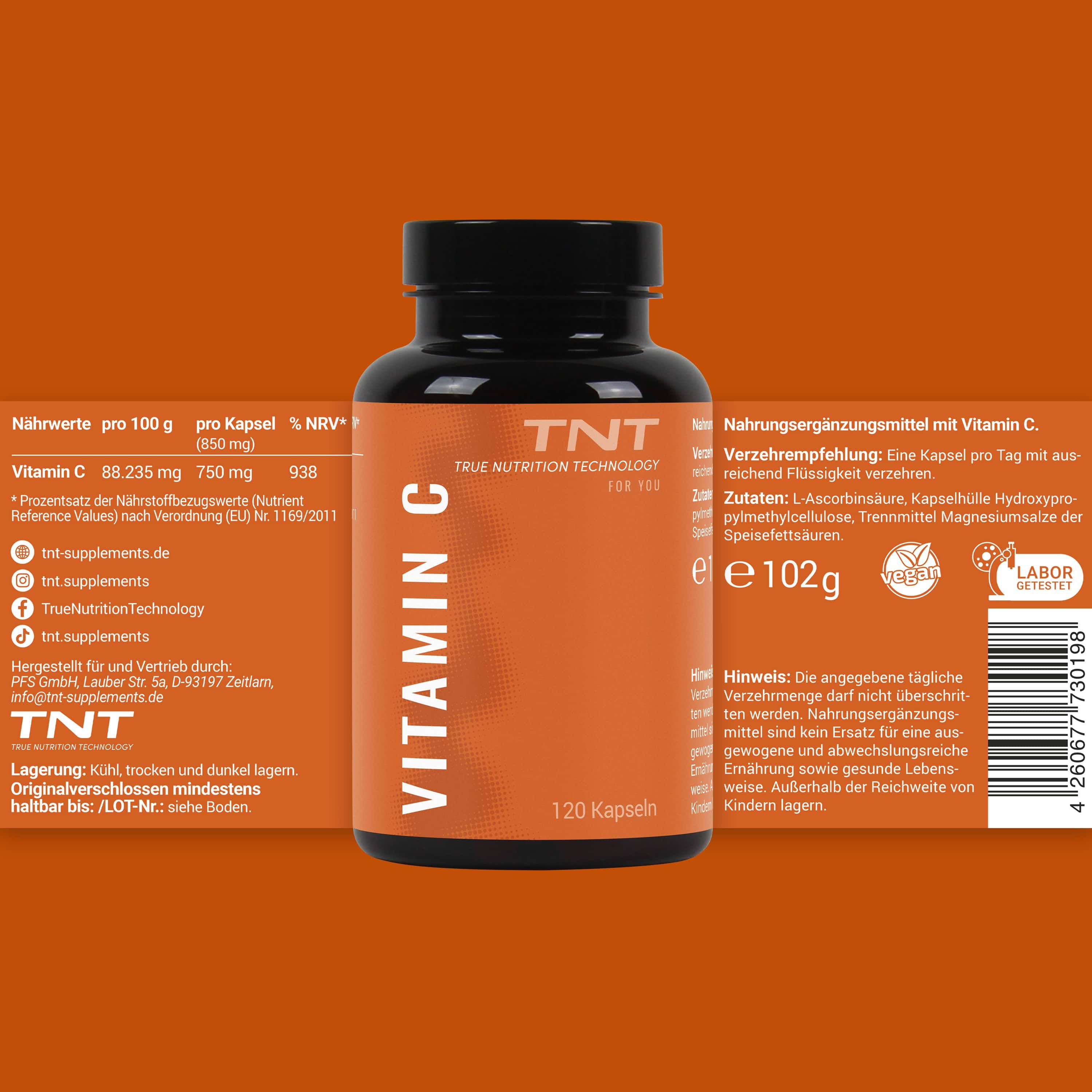Braune Flasche mit Vitamin C Kapseln. Aufschrift: Vitamin C, 120 Kapseln. Rückseite mit Informationen.