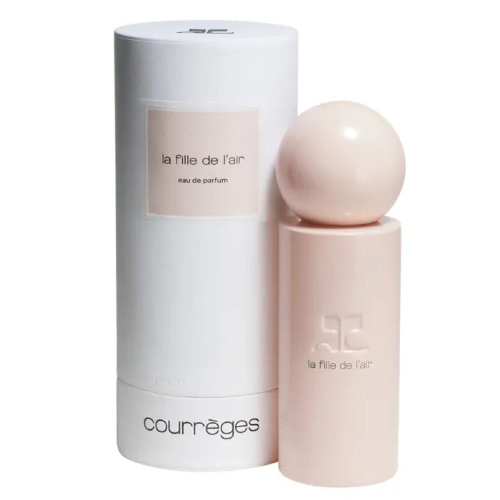 Rosa Parfumflasche mit Kugelverschluss und weißer Verpackung. Aufschrift: La Fille de l'air, Eau de Parfum, Courrèges.