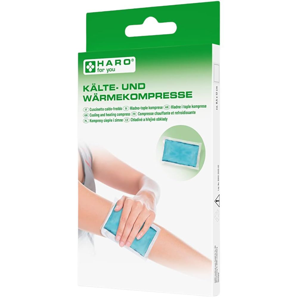 Kälte- und Wärmekompresse in Verpackung. Produktname und Logo "HARO for you" sichtbar. Anwendung am Arm gezeigt.