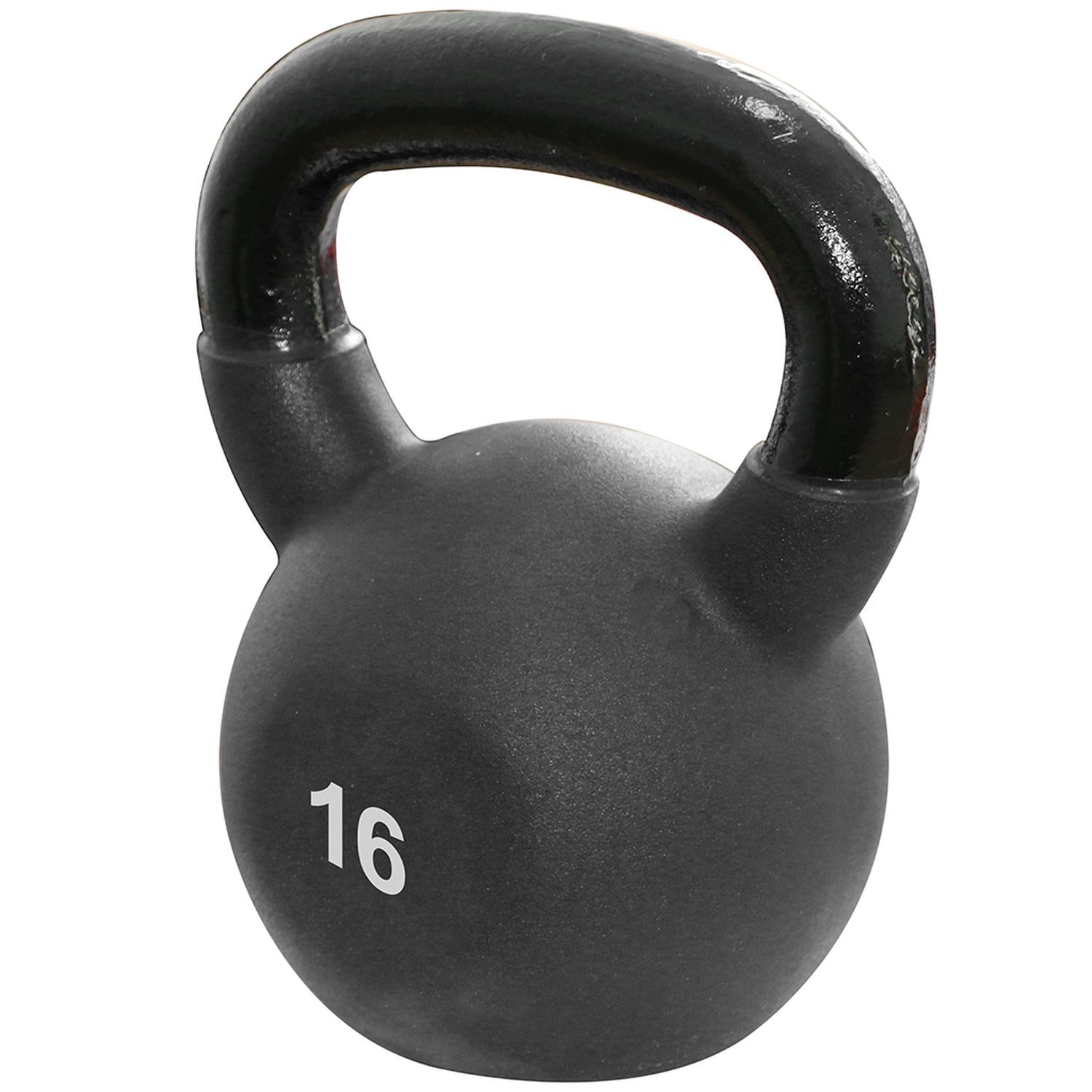 Schwarze Kettlebell mit schwarzem Griff. Gewicht: 16. Kugelförmiger Körper mit Griff.