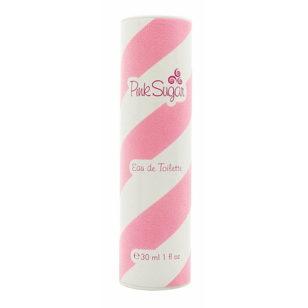 Aquolina Pink Sugar Eau de Toilette. Zylindrische Verpackung mit rosa und weißen Streifen.