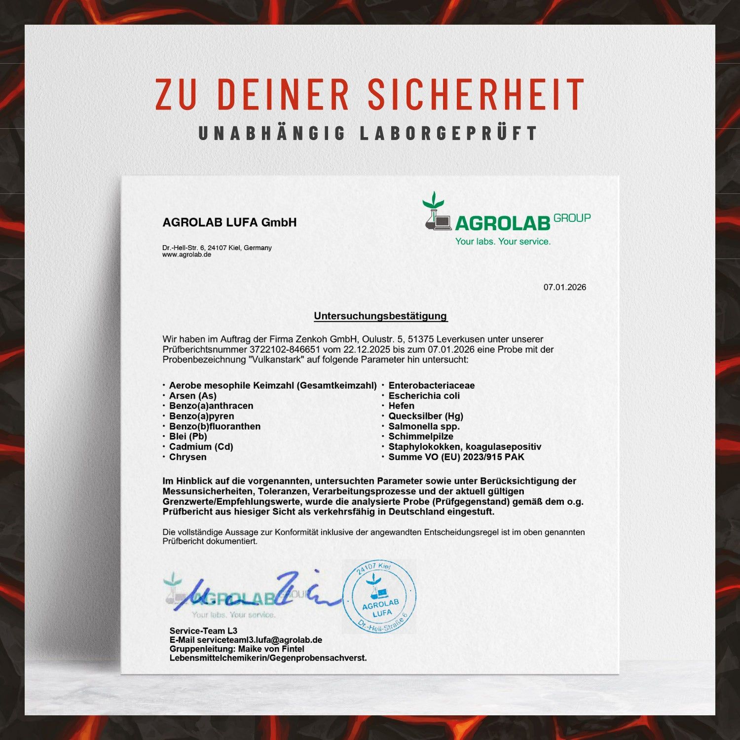 Zertifikat der Agrolab LUFA GmbH. Unterschrift. Angaben zu untersuchten Stoffen und Grenzwerten.