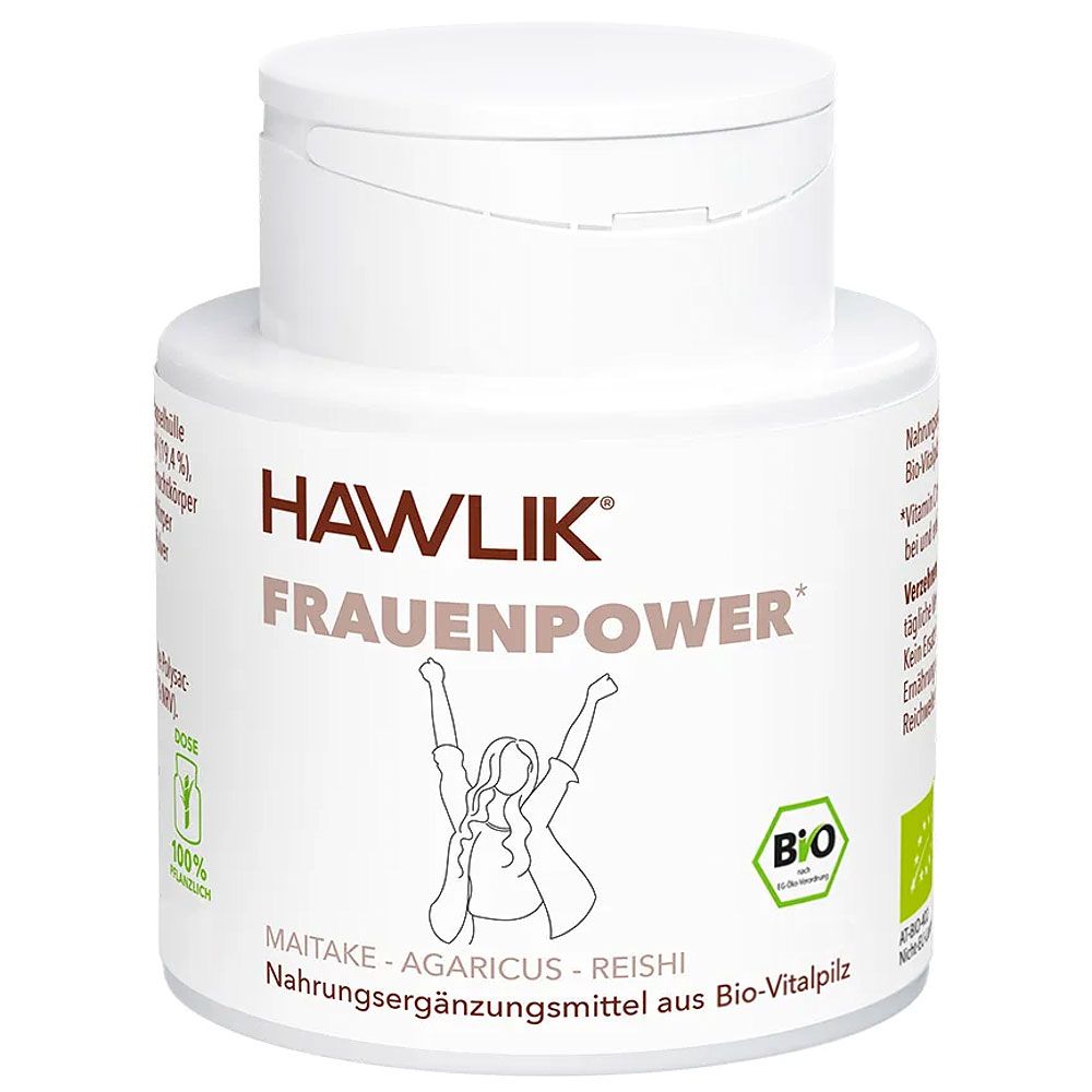 Weiße Dose mit "HAWLIK FRAUENPOWER". Bio-Siegel und Abbildung einer Frau. Nahrungsergänzungsmittel.