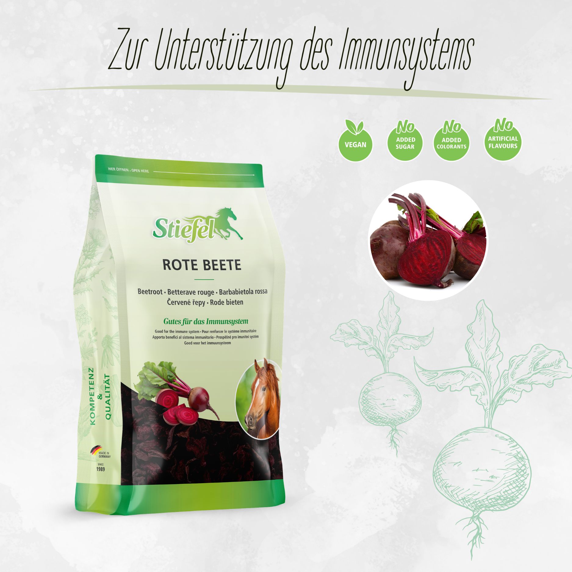 Beutel mit Stiefel Rote Beete Flocken. Abbildung von Rote Beete und einem Pferd. Vegan, ohne Zuckerzusatz, ohne Farbstoffe, ohne Aromen.