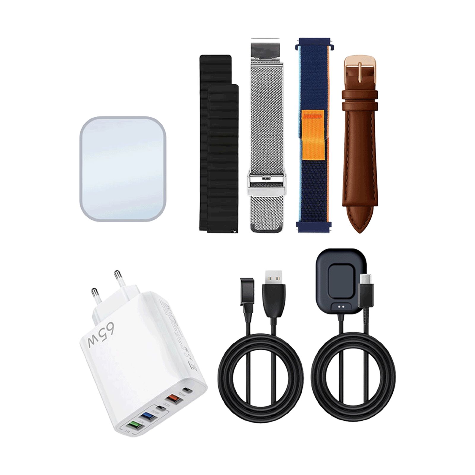 Ein Set mit vier Uhrenarmbändern (schwarz, silber, blau/orange, braun), einem Ladekabel, einem Ladeadapter und einem rechteckigen Display.