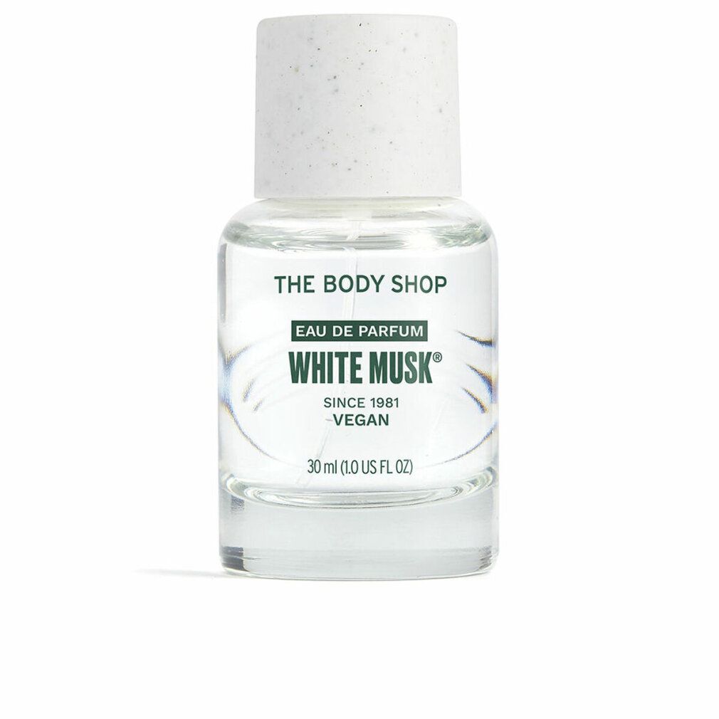 Parfümflasche mit weißem Deckel. Aufschrift: White Musk, Vegan. Marke: The Body Shop. 30 ml.