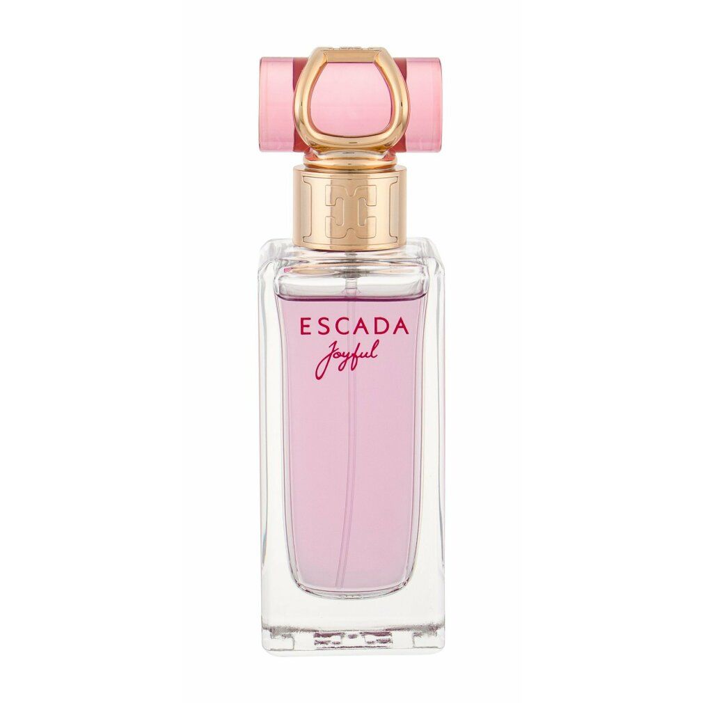 Escada Joyful Eau de Parfum Spray. Rechteckiger Glasflakon mit pinkfarbenem Inhalt. Rosa Verschluss.