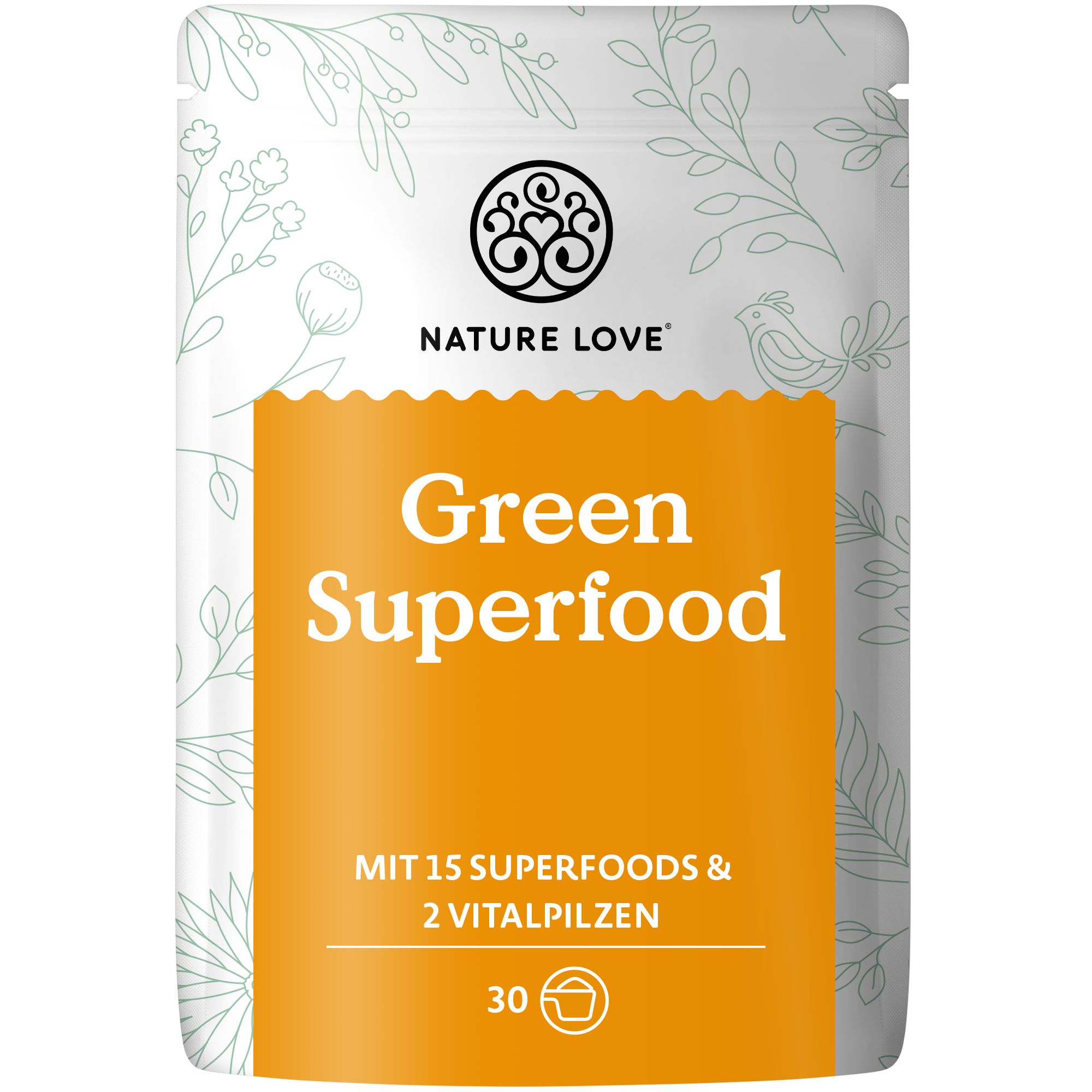 Beutel mit Logo und Text. Aufdruck: Green Superfood. Enthält 15 Superfoods & 2 Vitalpilze. 30 Portionen.