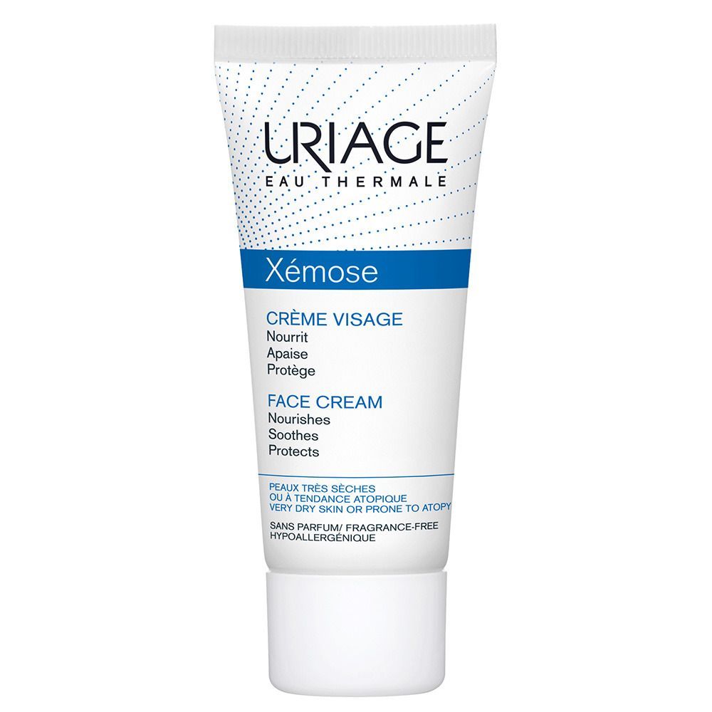 Weiß-blaue Tube mit URIAGE Xémose Face Cream. Text: Crème Visage, Face Cream. Für sehr trockene Haut. Ohne Parfum, hypoallergen.