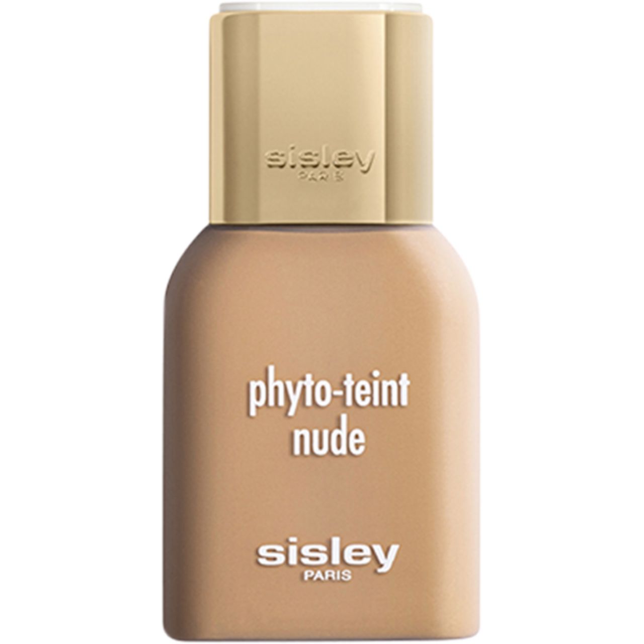 Sisley Phyto-Teint Nude. Flasche mit beiger Foundation, goldfarbener Deckel. Schriftzug: Sisley Paris, Phyto-Teint Nude.