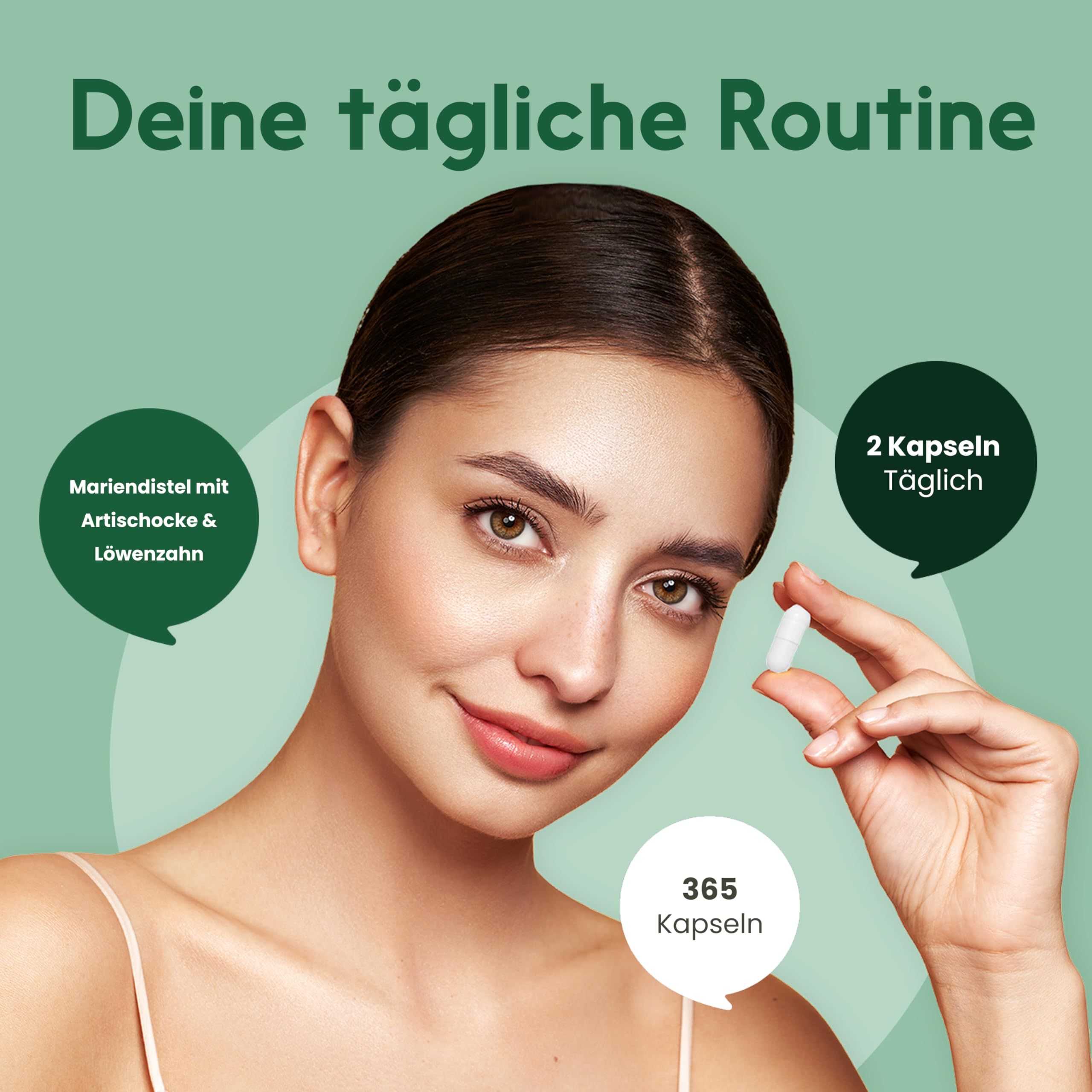 Frau hält eine Kapsel. Text: Deine tägliche Routine. Sprechblasen: Mariendistel mit Artischocke & Löwenzahn, 2 Kapseln täglich, 365 Kapseln.