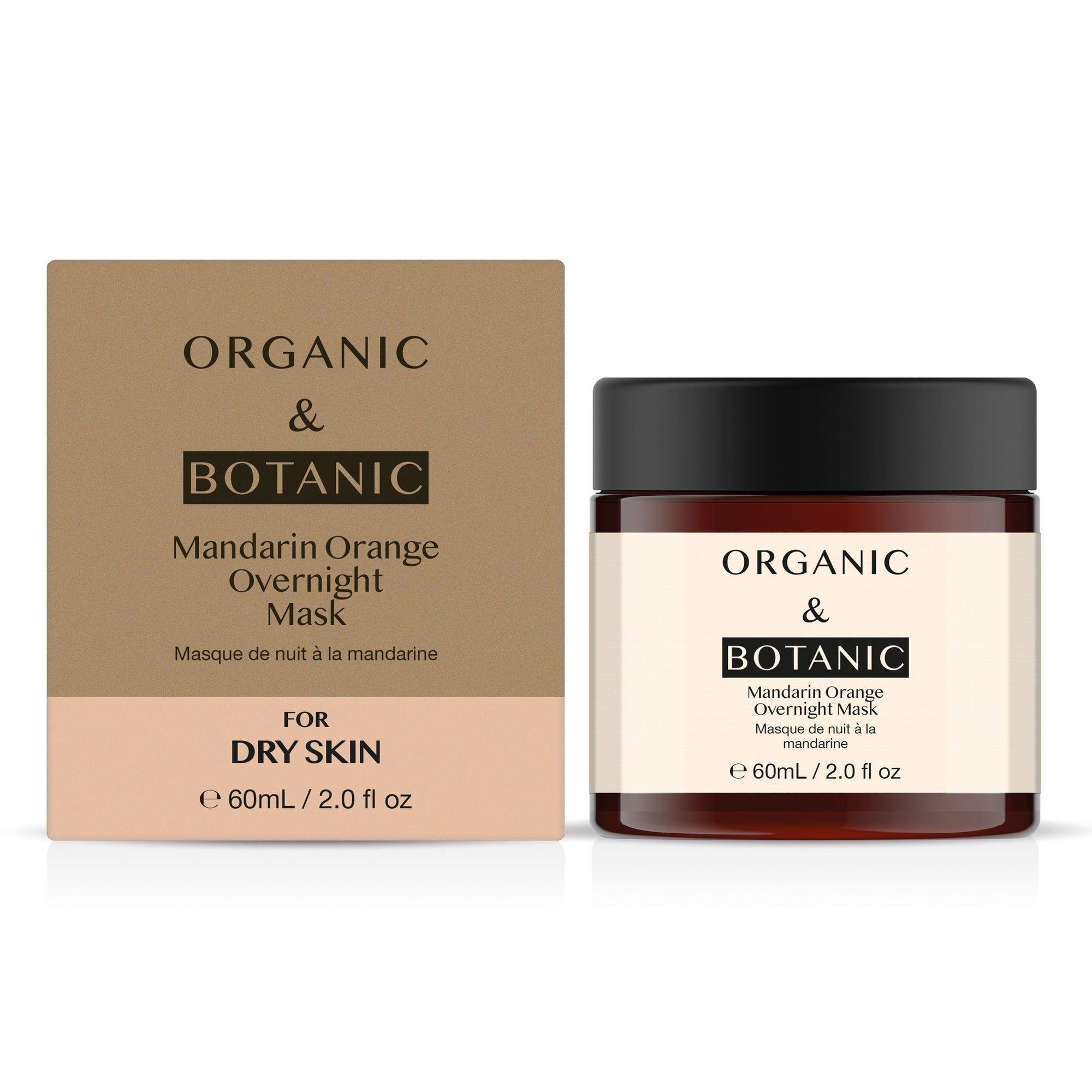 Produktverpackung und Dose. Dose: ORGANIC & BOTANIC, Mandarin Orange Overnight Mask. Verpackung: FOR DRY SKIN. 60ml/2.0 fl oz.