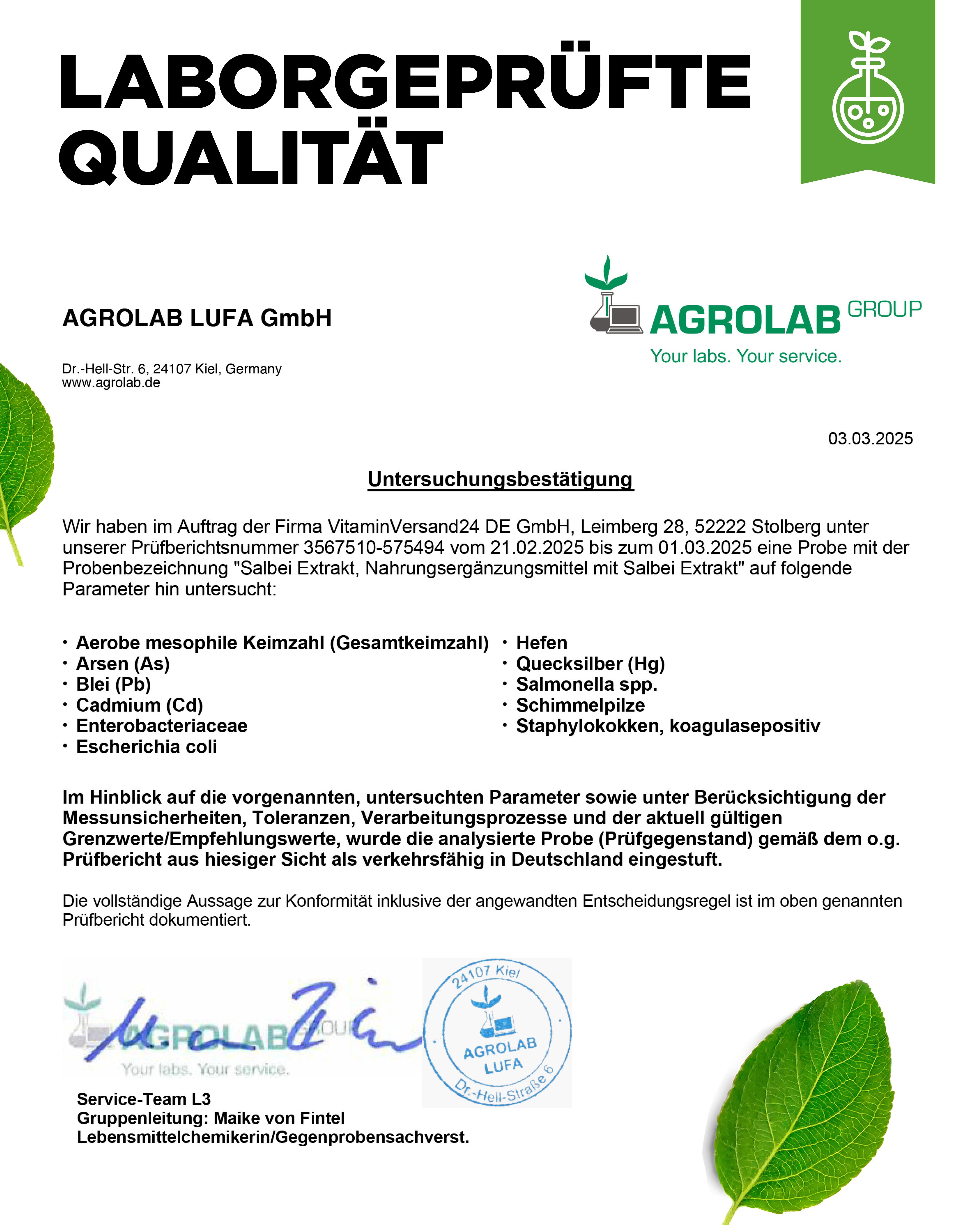 Laborbericht der Agrolab LUFA GmbH. Untersuchungsergebnisse für Salbei Extrakt. Unterschrift und Stempel.