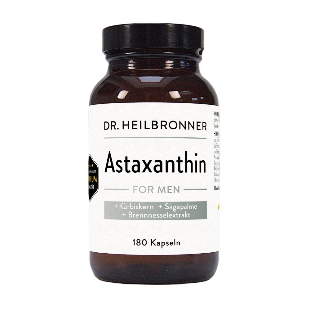 Braune Glasflasche mit Astaxanthin FOR MEN Kapseln. Aufschrift: DR. HEILBRONNER, 180 Kapseln. Mit Kürbiskern, Sägepalme, Brennnessel.