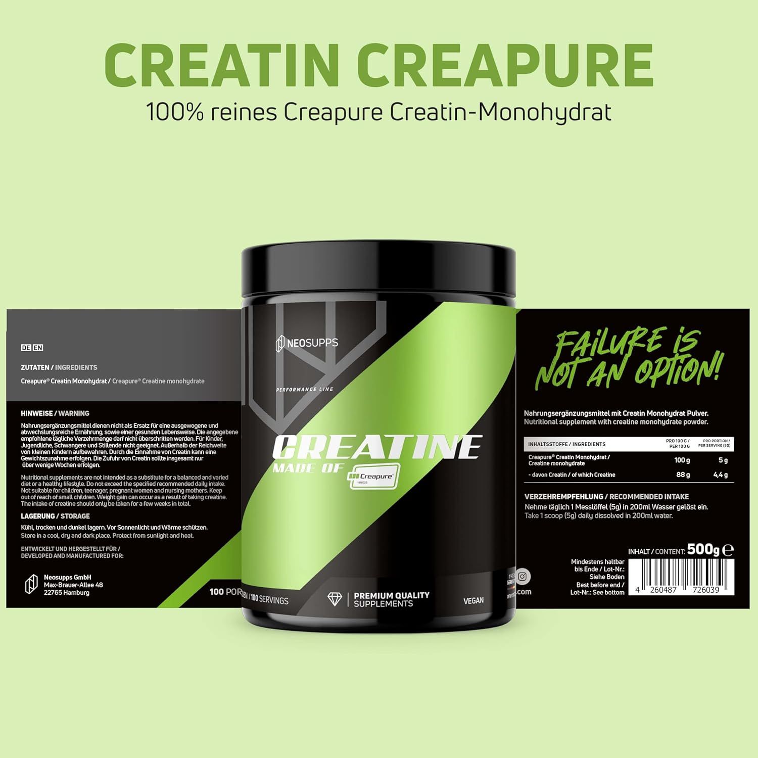 Schwarze Dose mit grünem Streifen. Aufschrift: Creatine Made of Creapure®. Daneben: Packungsbeilagen. Text: 100% reines Creatin.