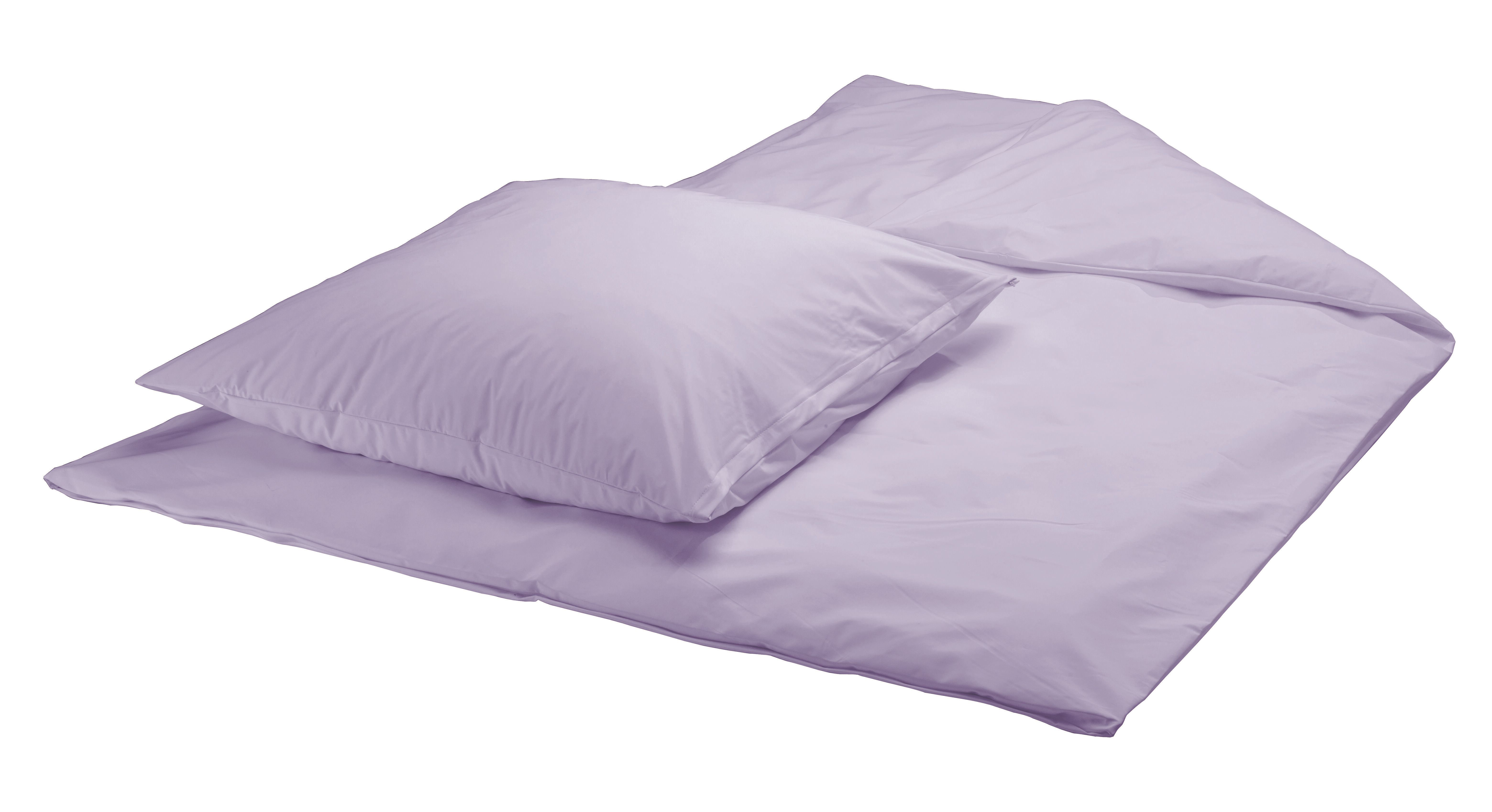 Fliederfarbener Kissenbezug und Bettwäsche. Quadratische Form.