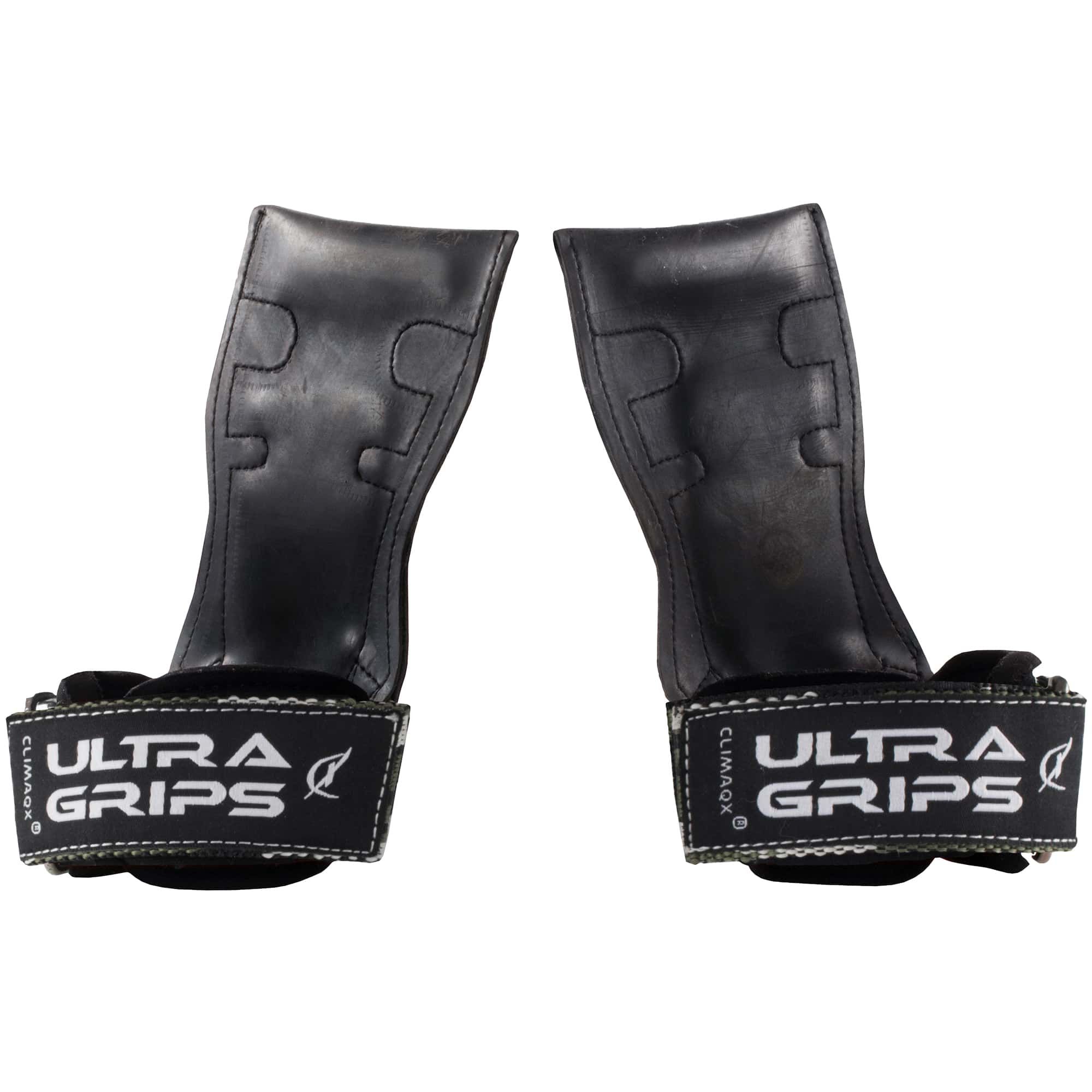 Zwei schwarze CLIMAQX Ultra-Grips mit Handgelenkriemen. Text: ULTRA GRIPS. Schwarzes Leder, gepolstert.