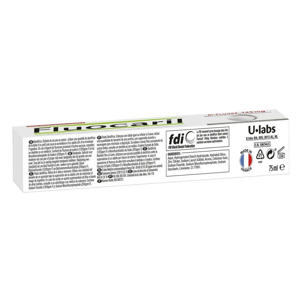 Fluocaril Bi-Fluor Zahnpasta-Packung, Seitenansicht mit Barcode.