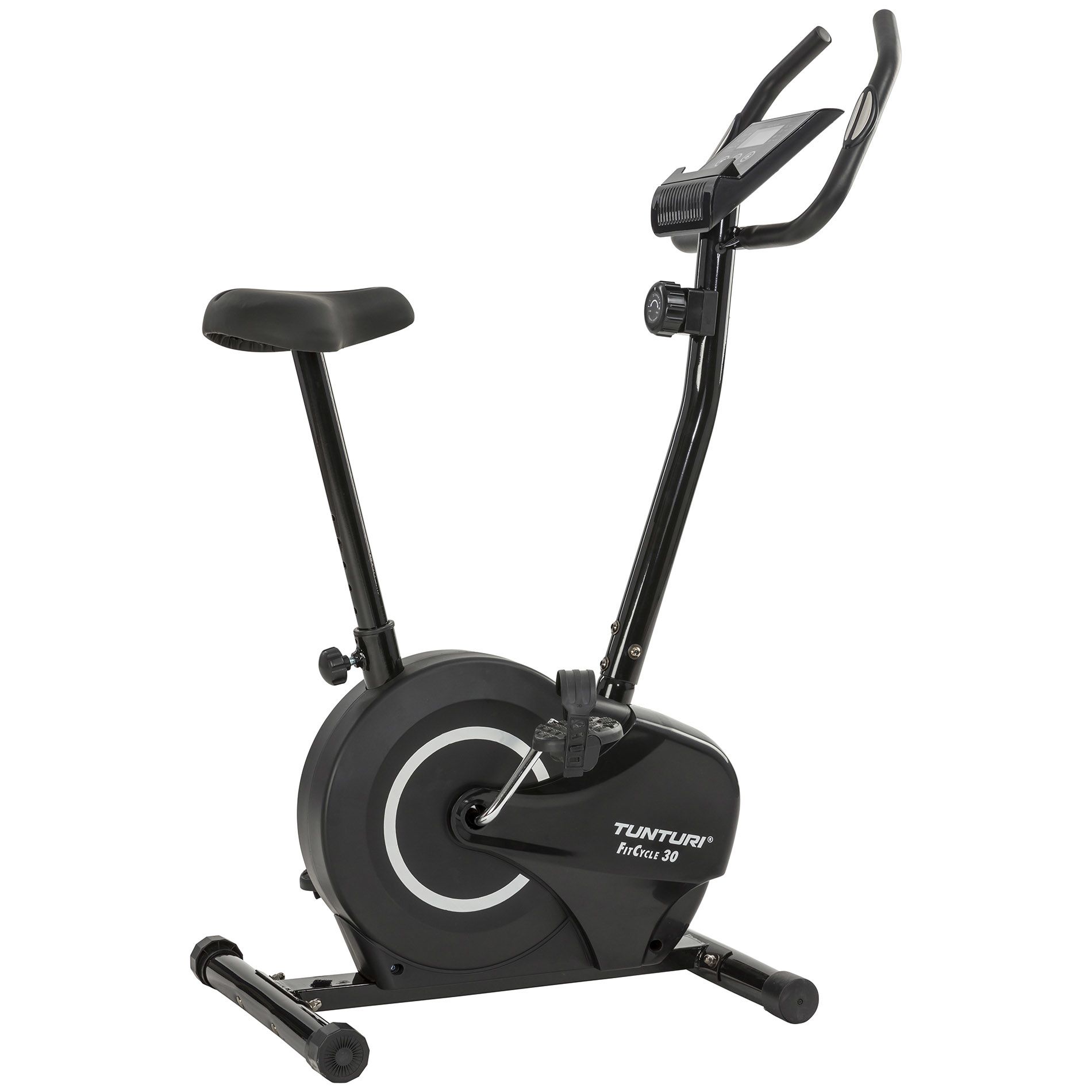 Schwarzes Fitness-Heimtrainer. Sichtbar: Sattel, Lenker, Pedale, Display. Aufschrift: Tunturi FitCycle 30.