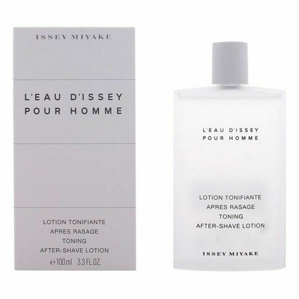 Weiße Flasche und Schachtel. Aufschrift: L'Eau d'Issey pour Homme, Lotion Tonifiante, Après Rasage, Toning, After-Shave Lotion. Marke: Issey Miyake.