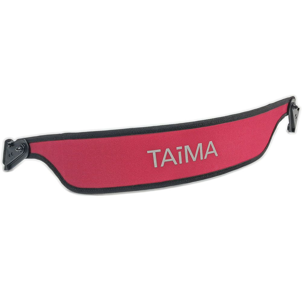 Roter Rückengurt mit schwarzem Rand und dem Schriftzug "TAiMA". An beiden Enden befinden sich schwarze Befestigungen.