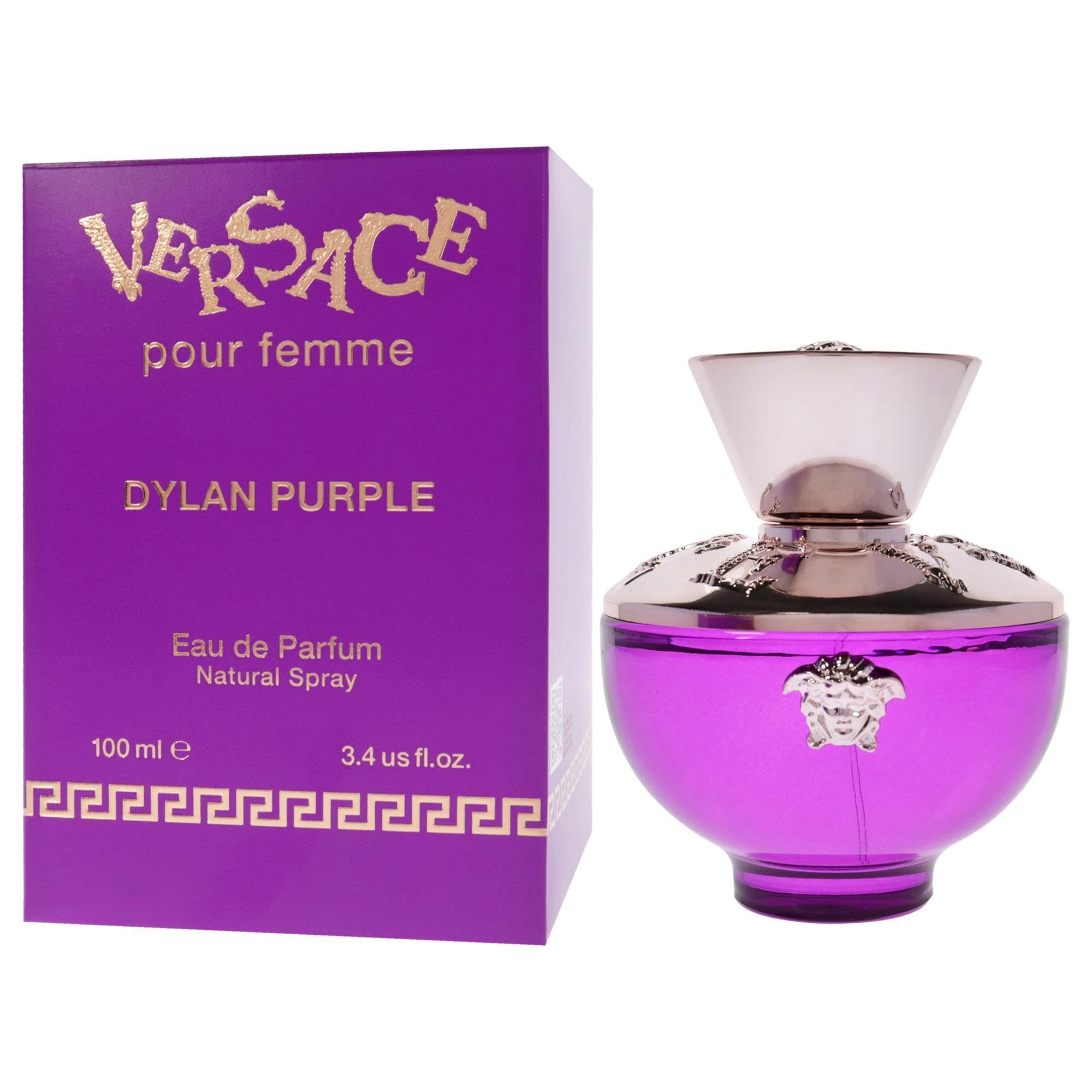 Lila Flakon und Schachtel. Goldfarbener Deckel. Aufschrift: Versace Pour Femme Dylan Purple. 100 ml.