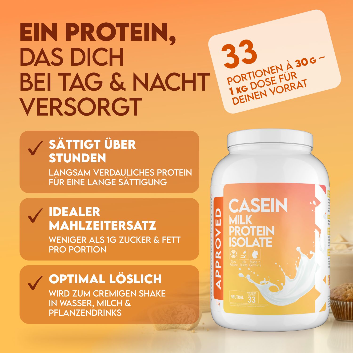 Casein Milk Protein Isolate Behälter. Text: 33 Portionen, 1 kg Dose. Text: Sättigt über Stunden, idealer Mahlzeitenersatz, optimal löslich.