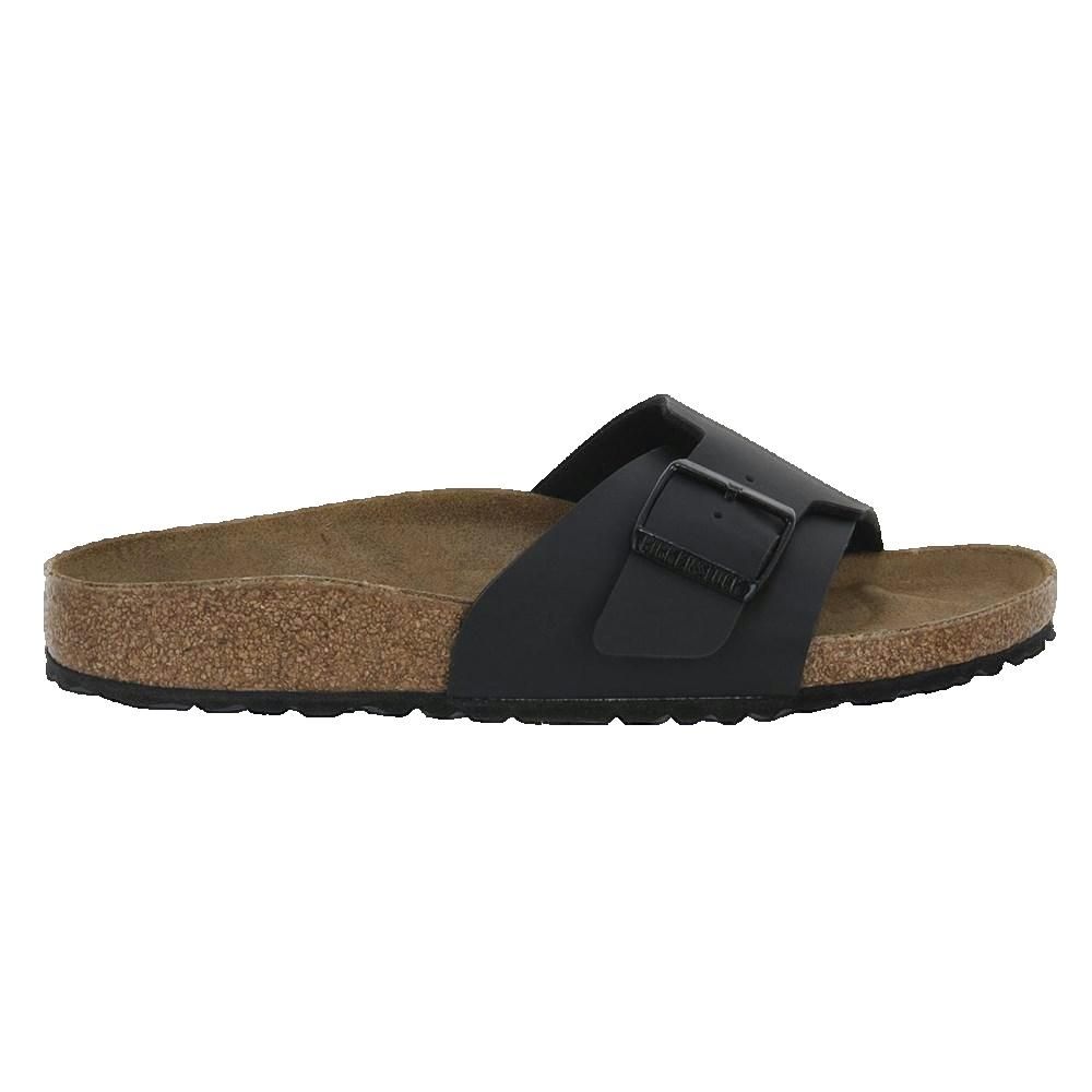 Sandalo nero con fibbia. Plantare in sughero. Logo Birkenstock sulla fibbia.