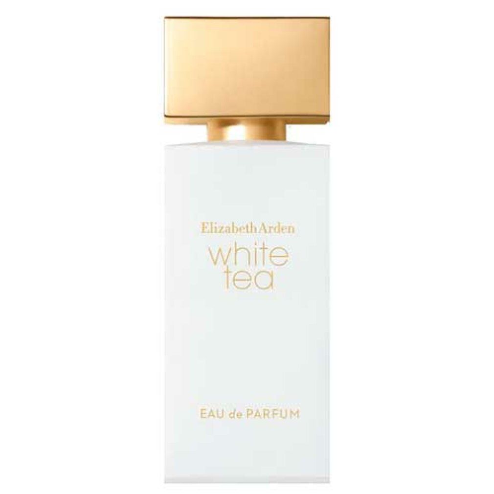 Weißes Parfümflakon. Aufschrift: White Tea. Goldfarbener Verschluss. Nahaufnahme.