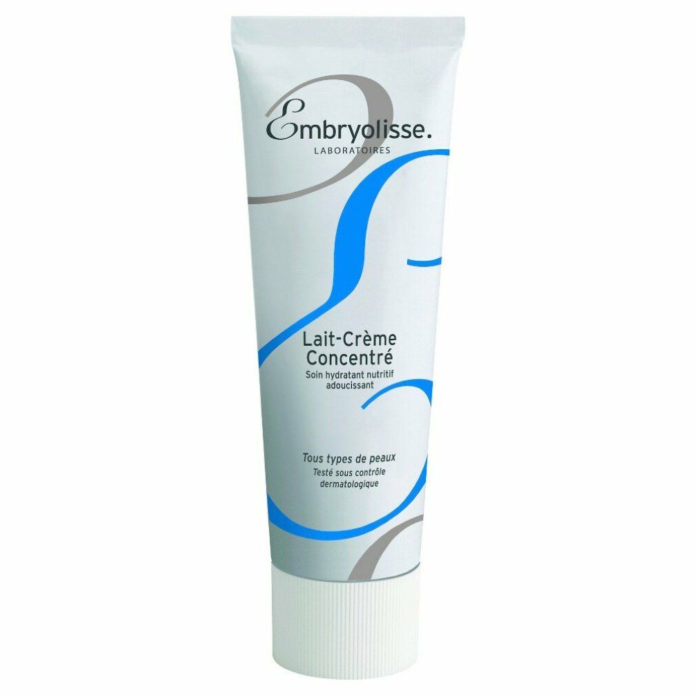 Weiße Tube mit blauem Design. Aufschrift: Embryolisse Lait-Crème Concentré. Für alle Hauttypen. Dermatologisch getestet.