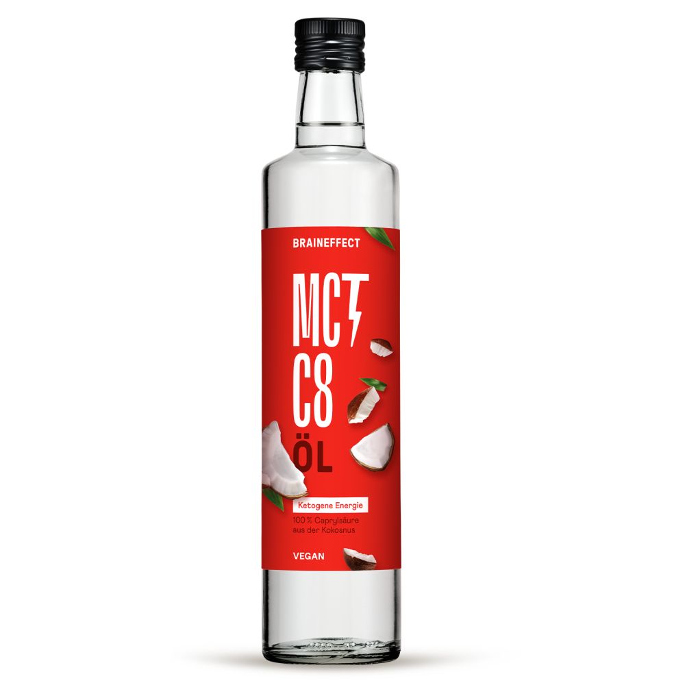 Klare Glasflasche mit rotem Etikett. Aufschrift: BRAINEFFECT MCT C8 Öl. Enthält Kokosnuss-Illustrationen und den Hinweis "Vegan".