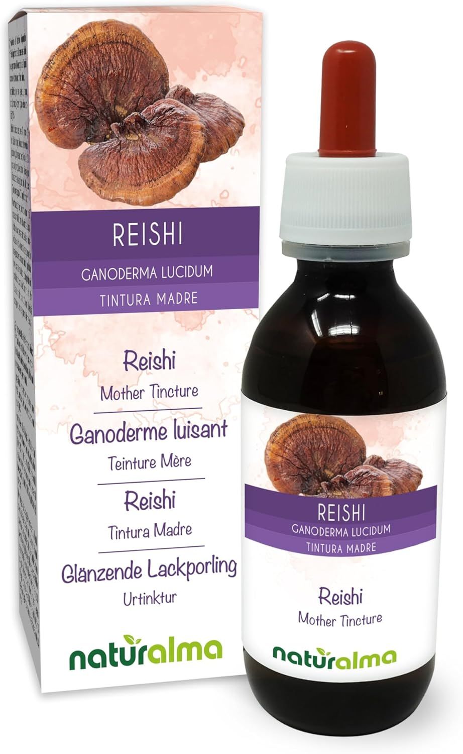 Produktverpackung mit Flasche und Karton. Flasche mit roter Pipette. Text: Reishi, Ganoderma lucidum, Tinktur.