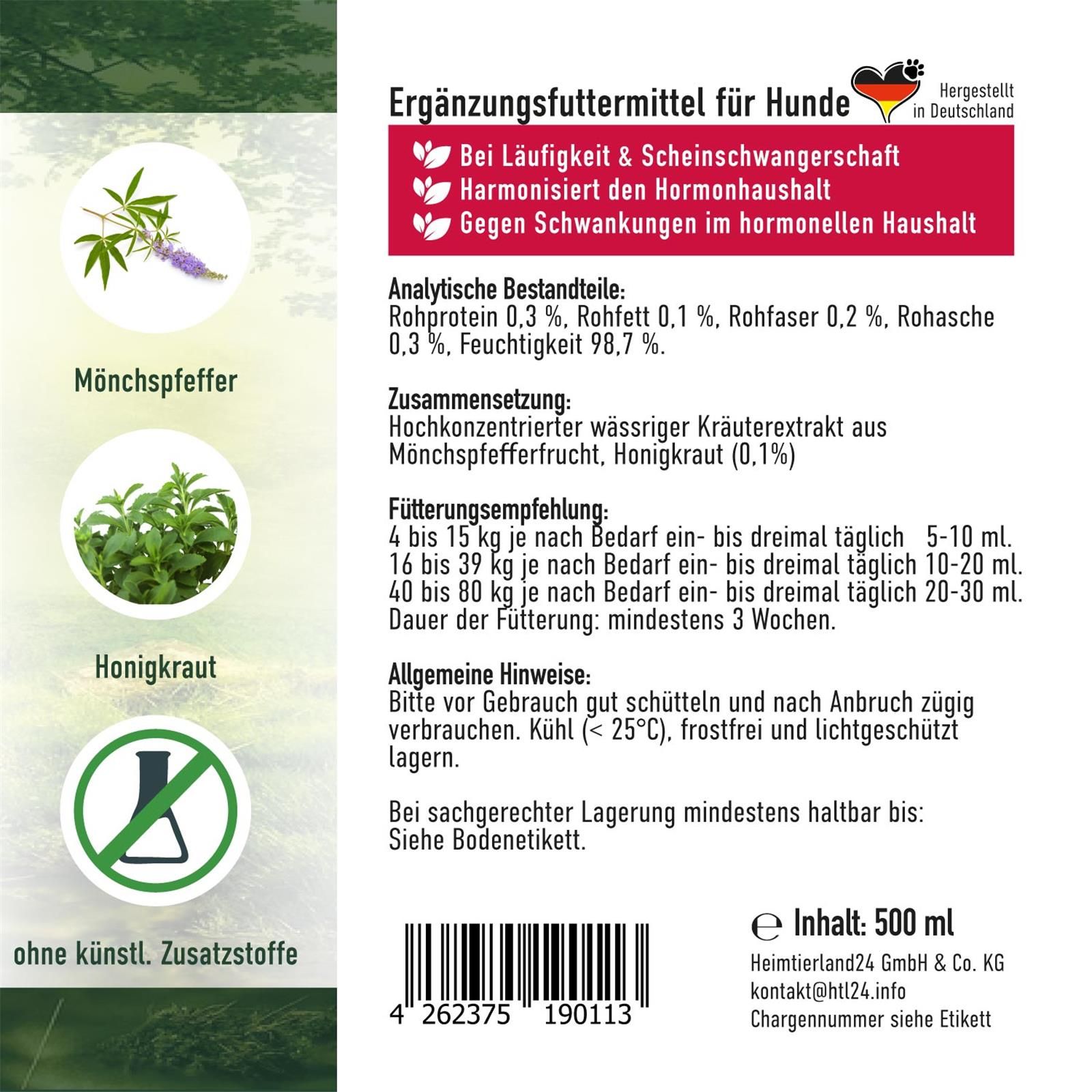 Etikett mit Produktinformationen. Text: Ergänzungsfuttermittel für Hunde. Inhaltsstoffe, Fütterungsempfehlung, Hinweise. Ohne künstl. Zusatzstoffe. 500 ml.