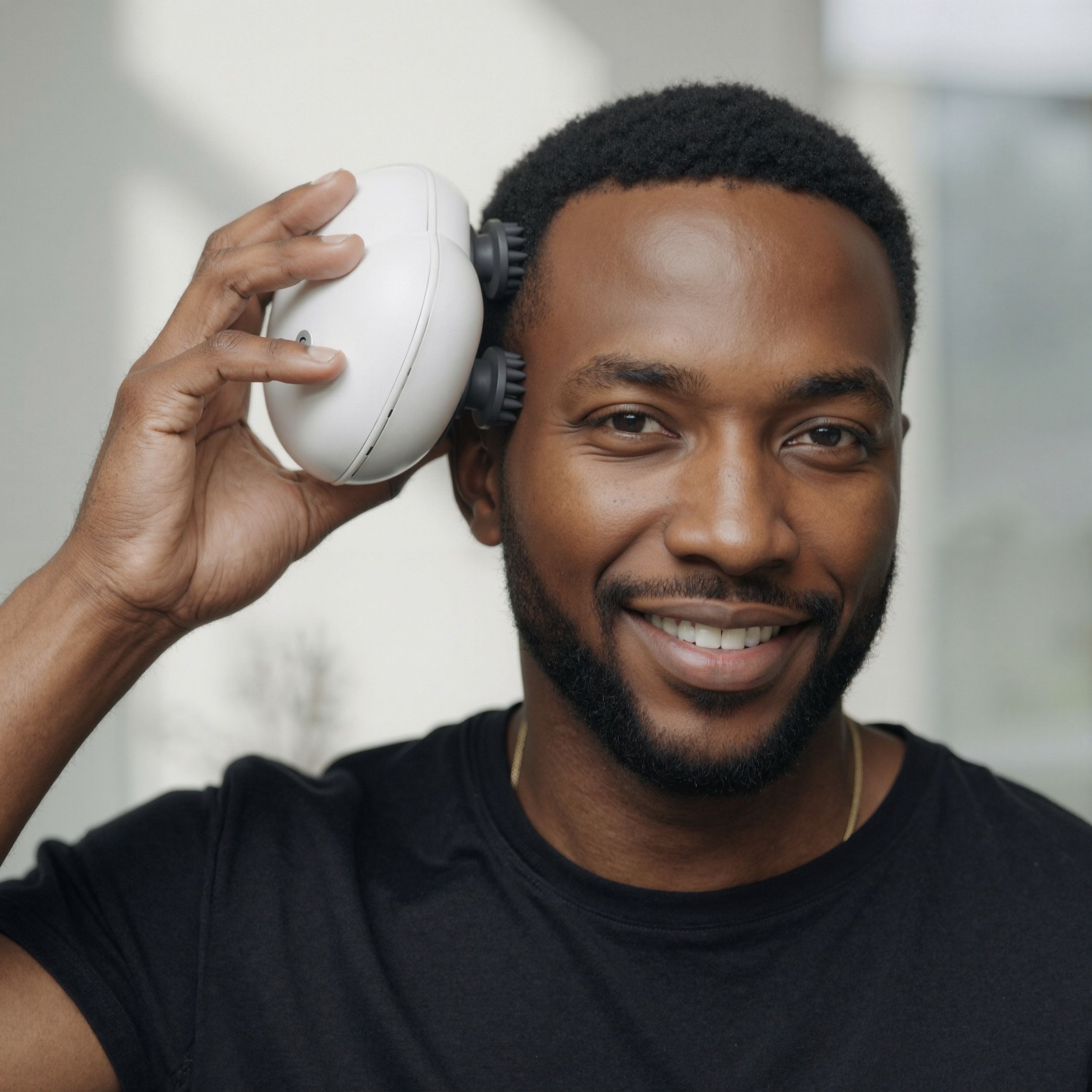 Mann hält weißen Körpermassager an der Schläfe. Massager mit schwarzen Rollen. Der Mann lächelt.