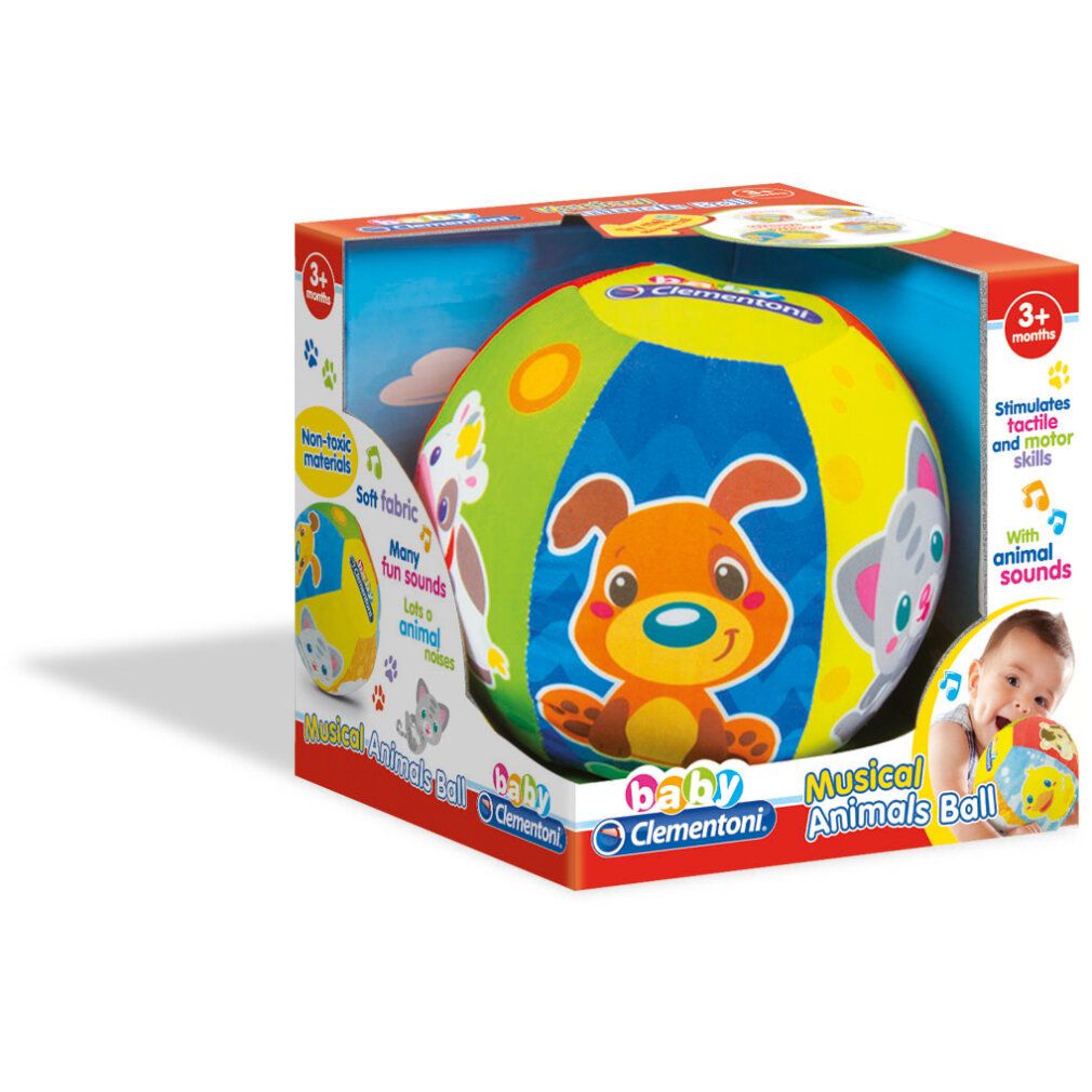 Bunter Stoffball mit Tiergesichtern und Soundeffekten. Verpackt in einer Schachtel. Baby Clementoni. Altersempfehlung: 3+ Monate.