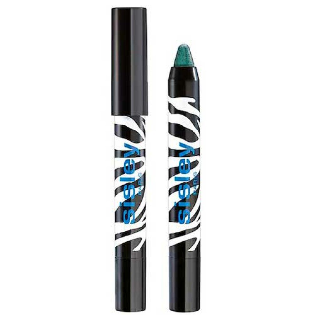 Zwei Sisley Phyto-Eye Twist Stifte. Schwarz-weißes Zebra-Muster, blaue Schrift. Ein Stift geöffnet, grüner Farbton.