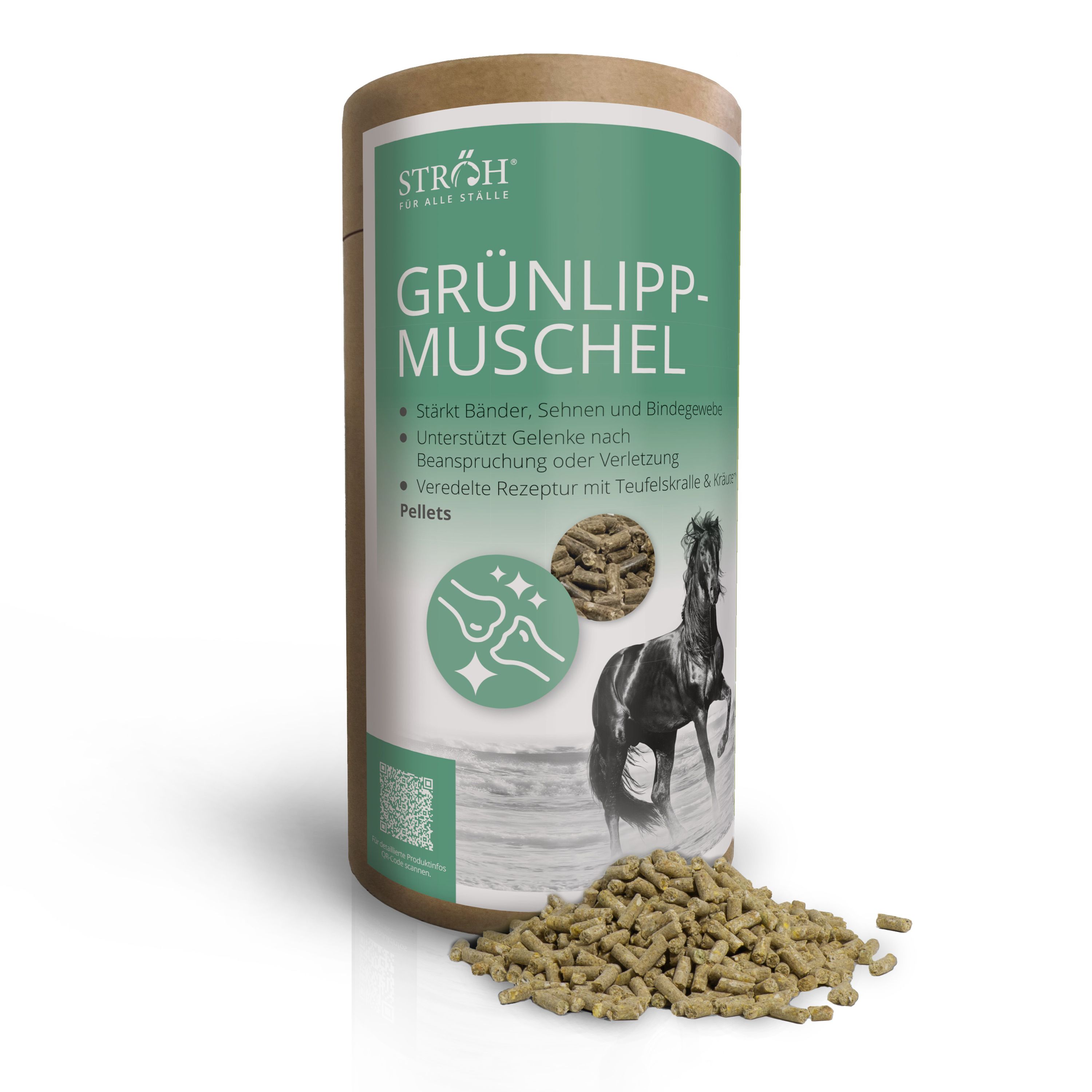 Zylinderdose mit "GRÜNLIPPMUSCHEL"-Etikett. Grünlippmuschel-Pellets daneben. Logo "STRÖH".