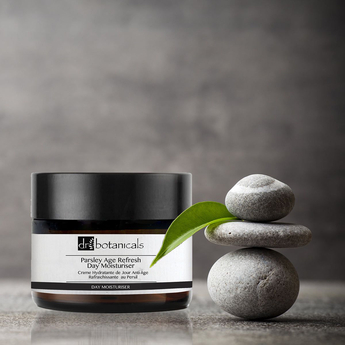 Tiegel mit Dr Botanicals Tagescreme. Schwarzer Deckel, weißes Etikett mit Produktnamen. Steinhaufen und Blatt daneben.