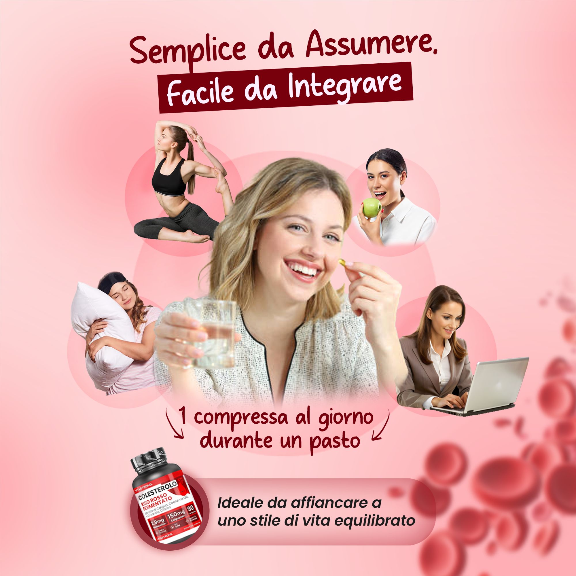 Vitastrong Cholesterin, 90 Tabletten. Schwarze Flasche mit rotem Etikett. Frauen nehmen Tabletten.