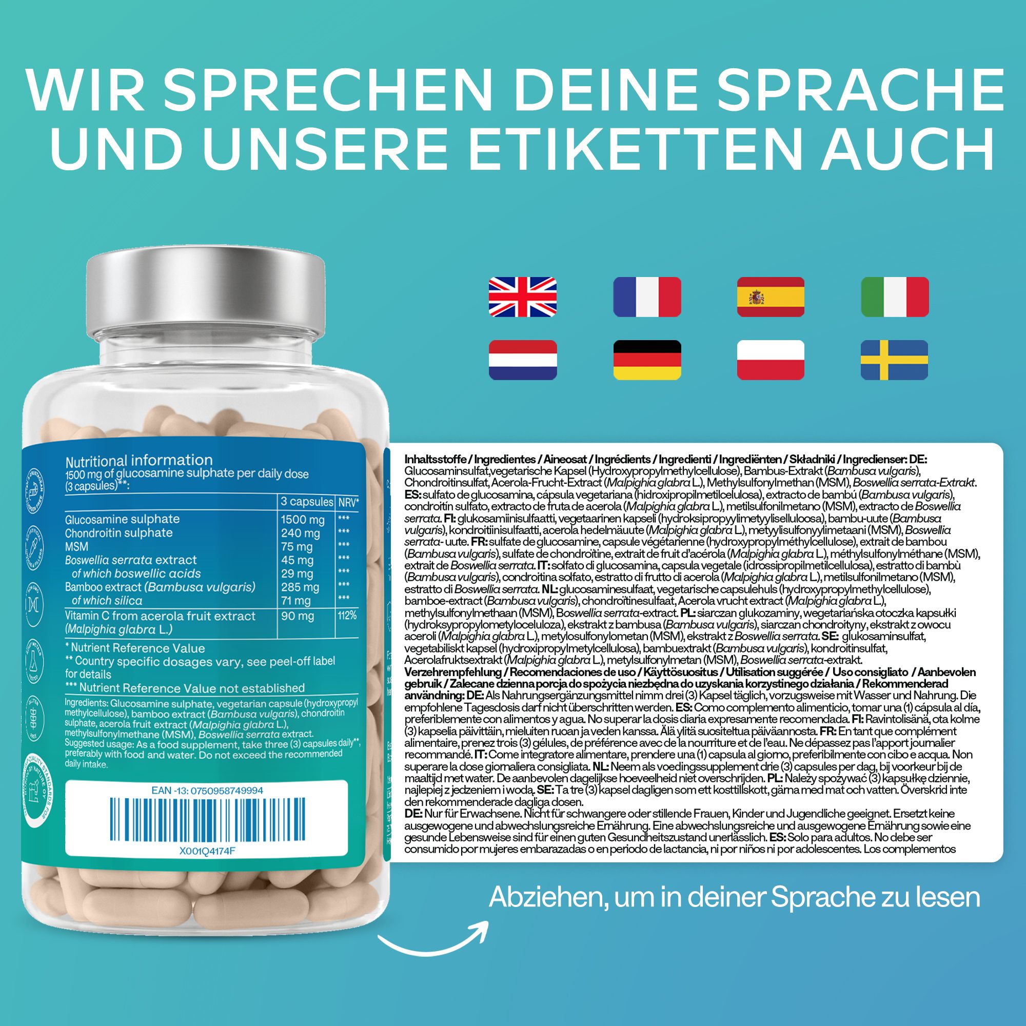 Rückseite der Flasche mit Text. Mehrsprachige Etiketten. Inhaltsstoffe und Informationen.