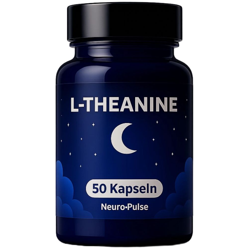 Blaue Flasche mit schwarzem Deckel. Aufschrift: L-Theanine, Mond, 50 Kapseln, Neuro-Pulse.